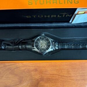 Stuhrling Original Black and Silver Skeleton Dress Watch